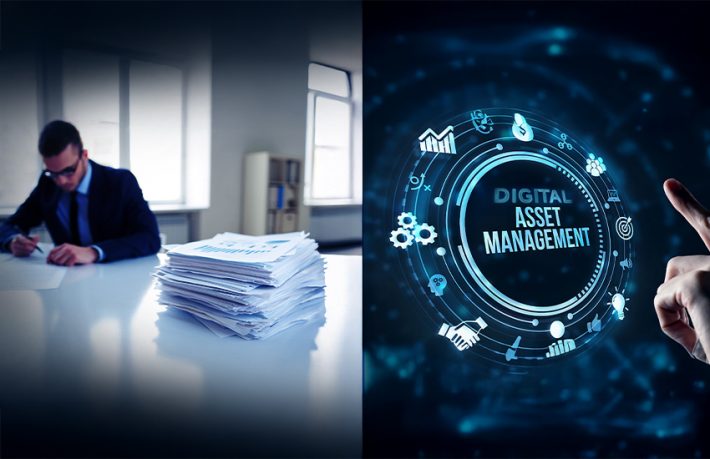 Split-screen comparison showing manual paperwork with a suited man on the left and a futuristic digital asset management interface on the right.
