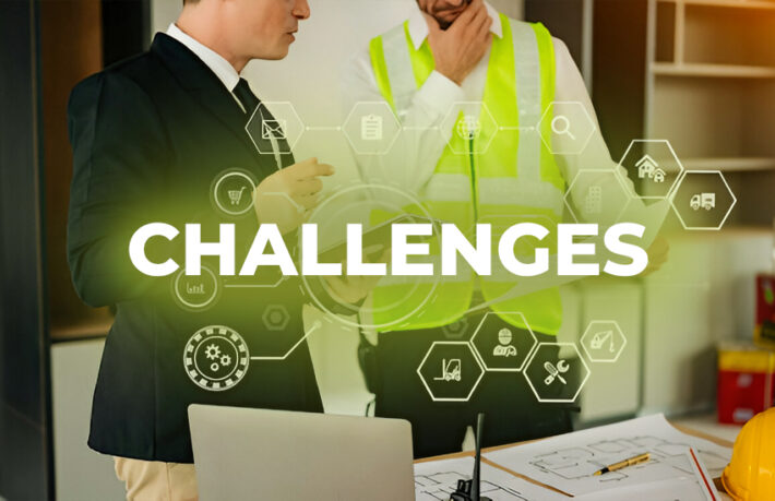 Two facility managers discussing operational plans with icons overlayed representing common facility management challenges.