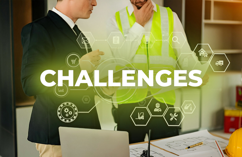 Two facility managers discussing operational plans with icons overlayed representing common facility management challenges.