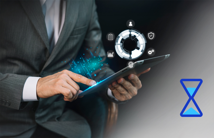 Businessman using digital tablet to manage operations with futuristic facility management icons, representing automation, analytics, and workflow optimization.