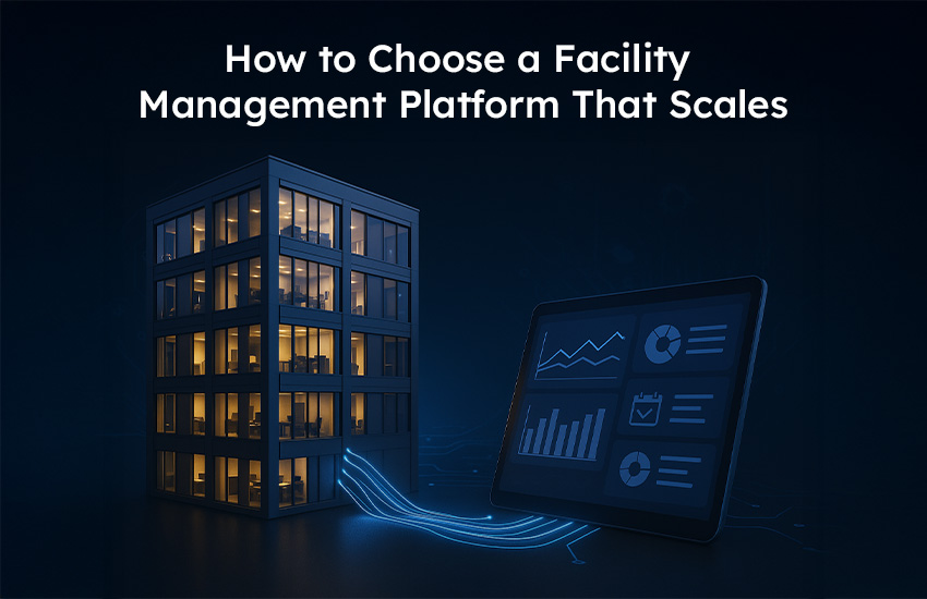 A modern office building connected to a digital dashboard, symbolizing scalable facility management software for multi-site operations.