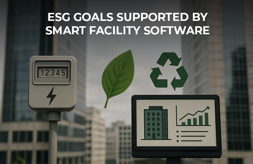 ESG goals supported by smart facility management software with energy tracking, recycling, and sustainability dashboards.
