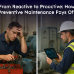 Technician frustrated with machine breakdown vs. engineer using digital preventive maintenance software to avoid downtime.