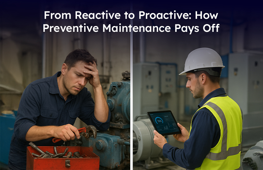 Technician frustrated with machine breakdown vs. engineer using digital preventive maintenance software to avoid downtime.