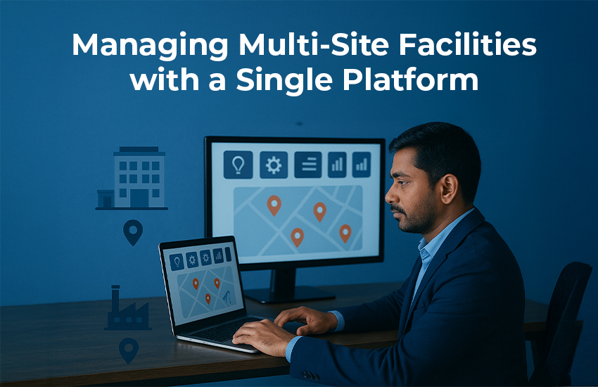 Professional facility manager using software to manage multi-site facilities on a single centralized platform.