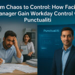 A split-screen image showing an overwhelmed facility manager buried in paperwork on the left, and a confident professional using the Punctualiti dashboard on the right, symbolizing the shift from chaos to workday control.