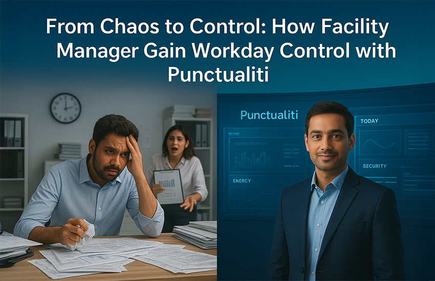 A split-screen image showing an overwhelmed facility manager buried in paperwork on the left, and a confident professional using the Punctualiti dashboard on the right, symbolizing the shift from chaos to workday control.