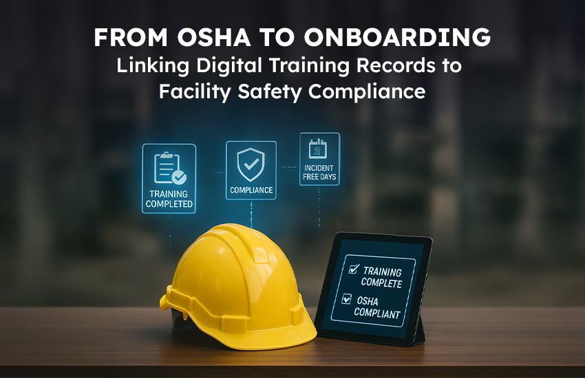 A technician working on a digital training compliance dashboard that links certifications to work permits in facility management.